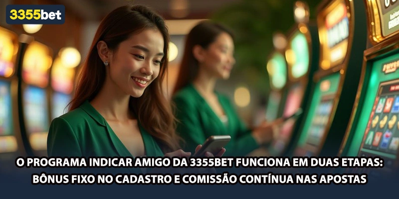 O programa indicar amigo da 3355bet funciona em duas etapas: bônus fixo no cadastro e comissão contínua nas apostas